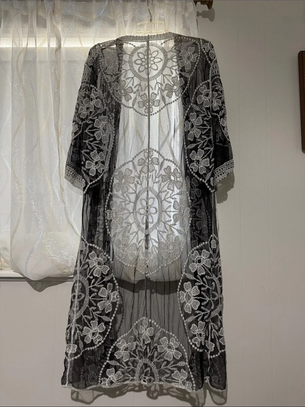 Sheer Black Lace Kimono with White Floral Embroidery